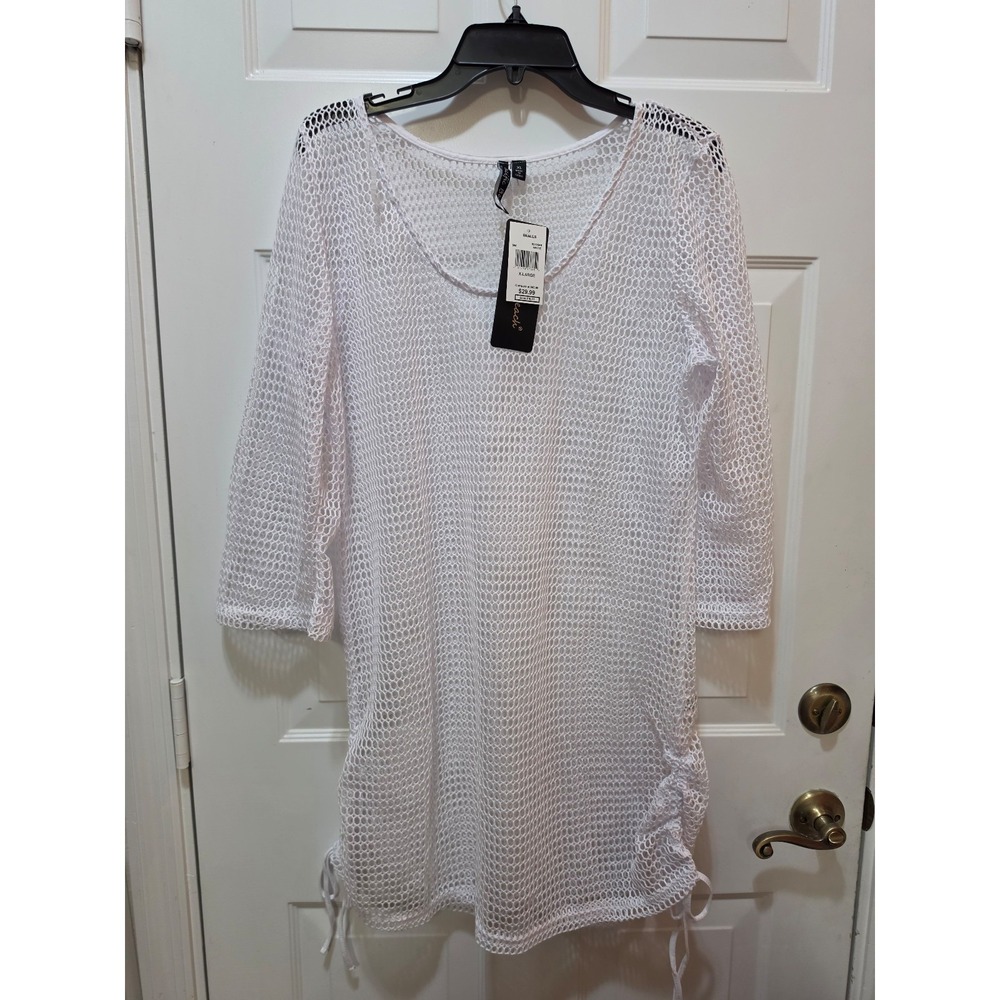 NWT Pacific Beach White Fishnet Mesh Swim Cover-Up Dress Ruched Sides - XL